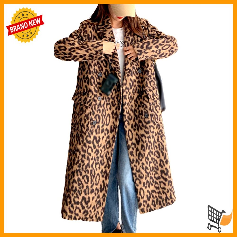 Leopard Print Wool Blend Trench Coat Double Breasted Notched Lapel Vintage Chic